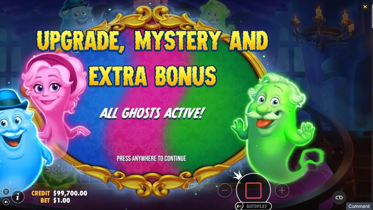 Tampilan visual slot Great Ghosts dengan tema rumah hantu kartun